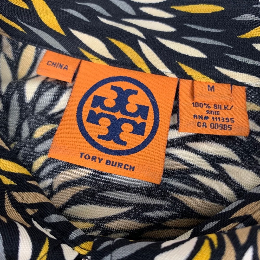 Tory Burch Black Gray Yellow and Cream Patterned 100% Silk Long Sleeve Top - Picture 3 of 4